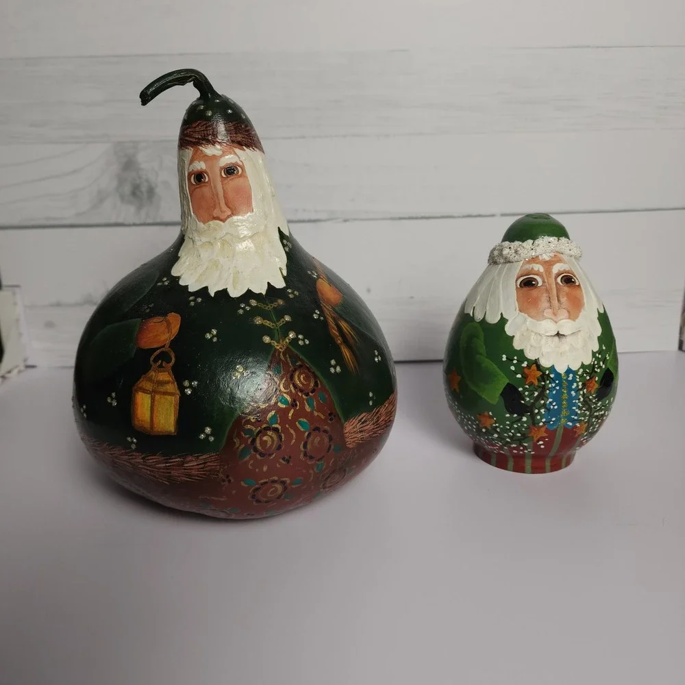 Hand Painted Gourd Santa Figurines Set of 2 Sigend‎ by Regina Schafer
